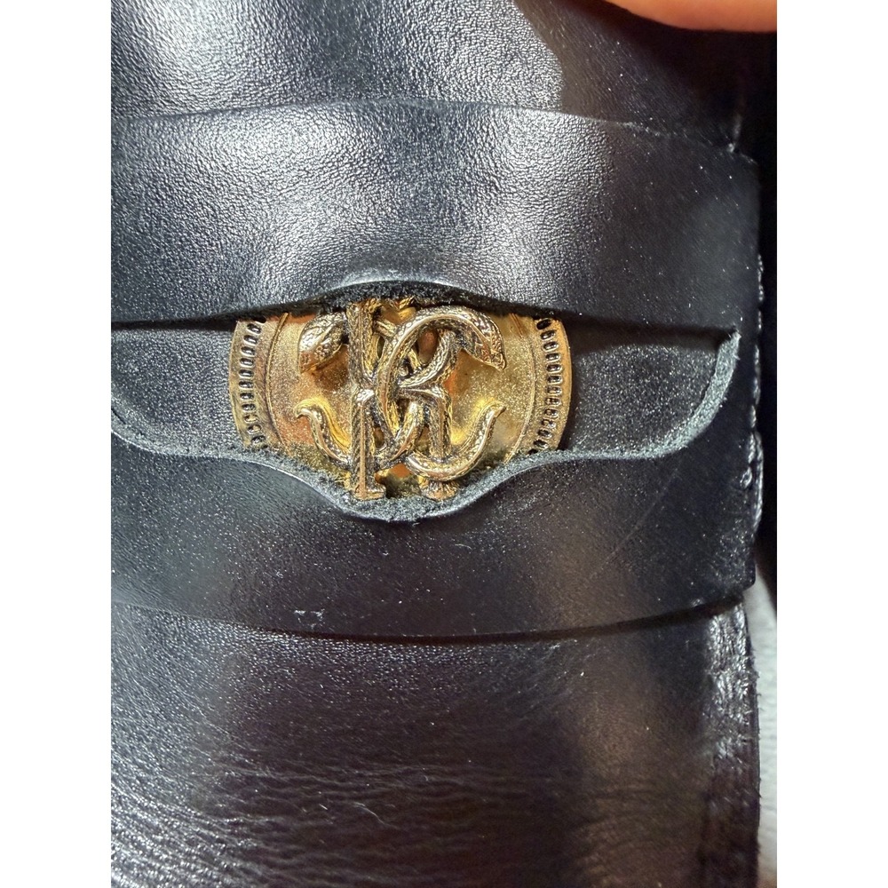 Roberto Cavalli Women 38.5 Black Leather Loafers Gold Logo Made in Italy - Picture 7 of 13